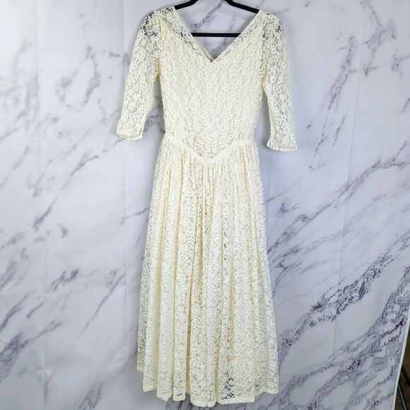 1950s Wedding Dress Lace Tea Length Matching Veil Covered Buttons V-Neck Size XS - Picture 2 of 11